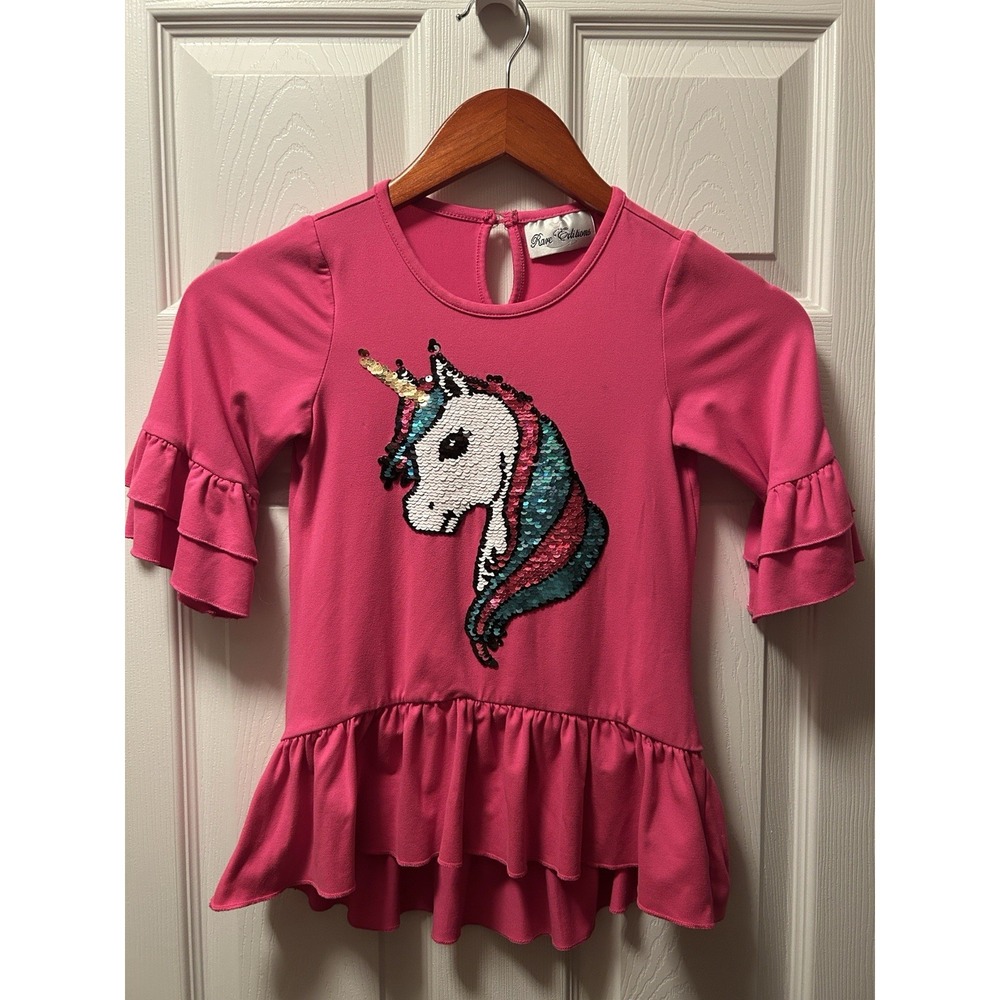 Rare Editions Girls Pink Unicorn Sequin Peplum Top 3/4 Sleeve Size 6